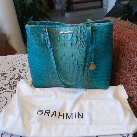 Brahmin "Julia" Teal Green Leather Melbourne Tote Bag - Picture 1 of 16